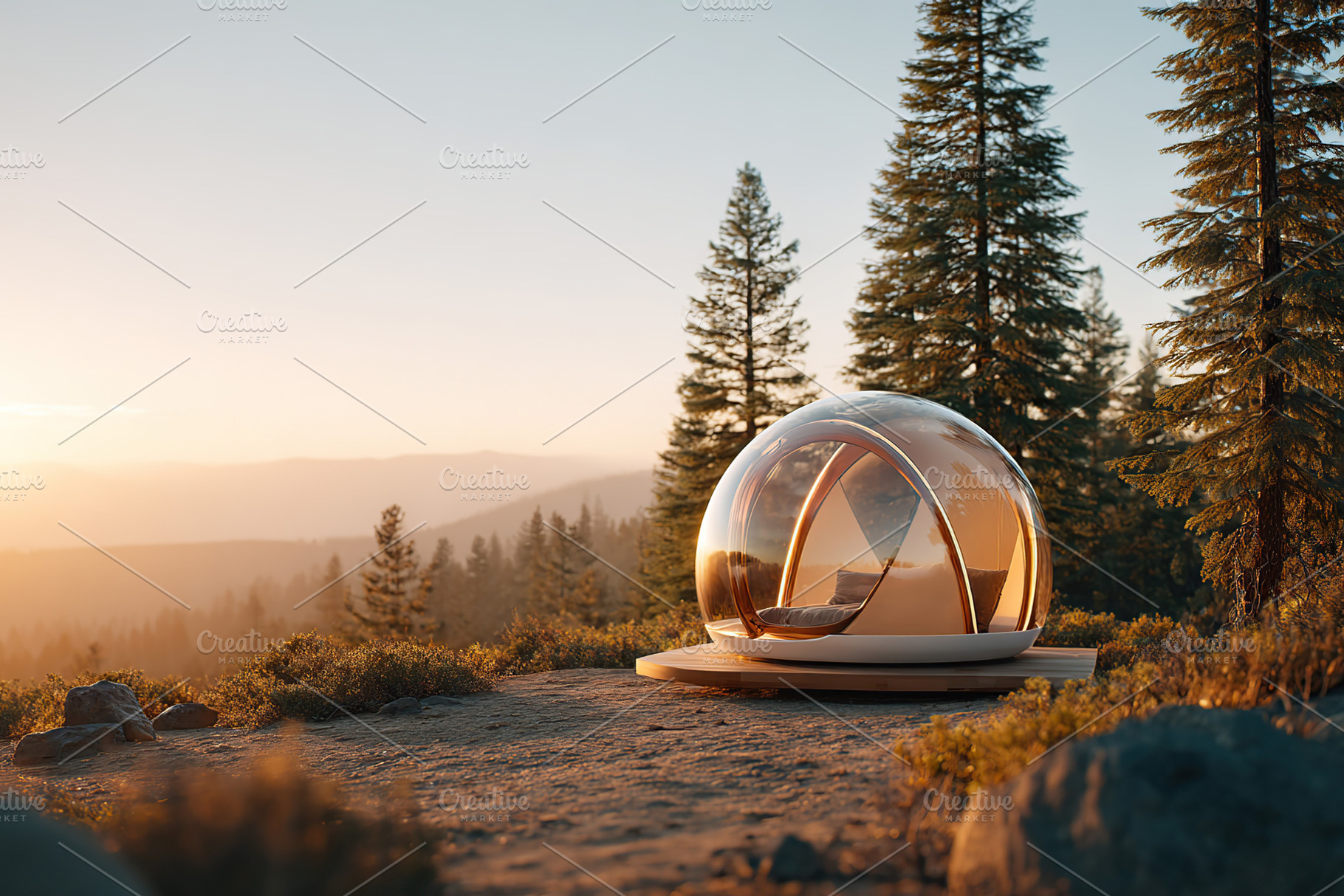Futuristic pod nestled in serene forest landscape during golden hour light, a Photo by AlyaAnd