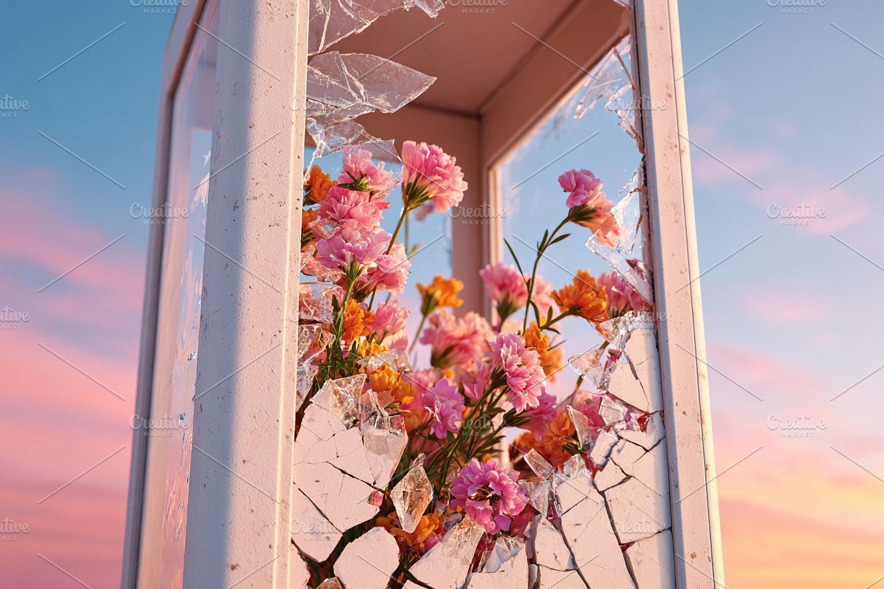 Phone booth filled with blooming flowers and shattered glass in a vibrant sunse, a Photo by AlyaAnd