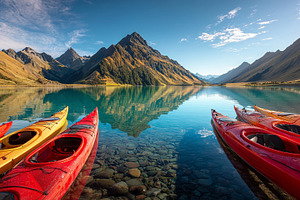 Colorful kayaks rest on the edge of, a Nature Photo by MistyDay