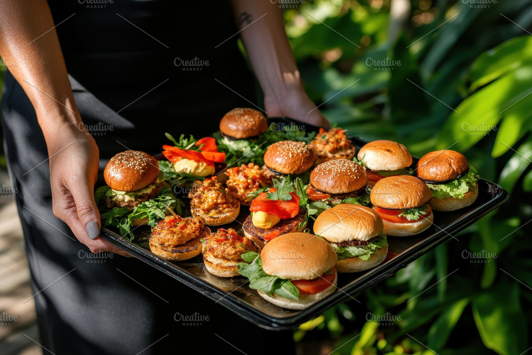 Waiter carries a tray filled, a Photo by Pavel_design