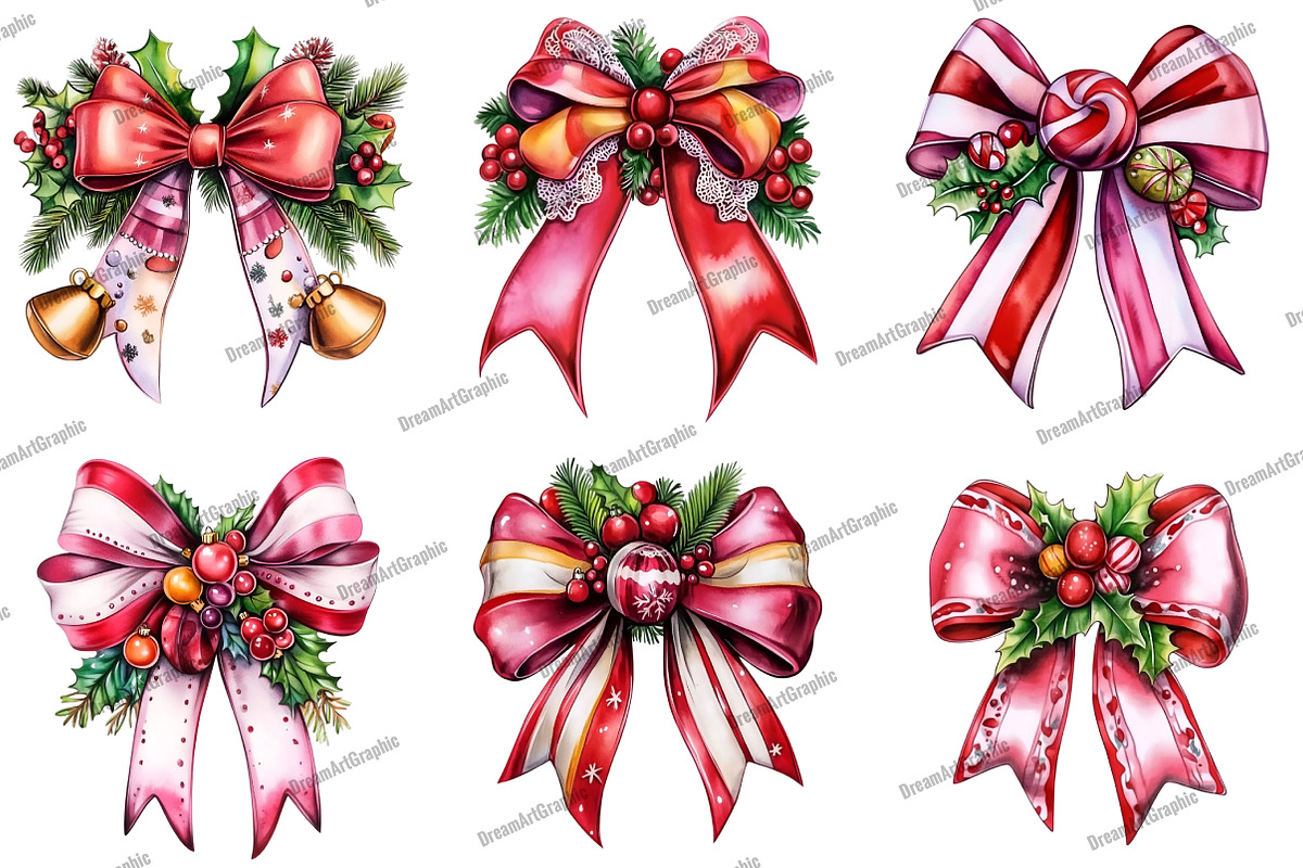 Whimsical Christmas Bow Clipart, an Illustration by DreamArtGraphic (Photo 2 of 5)