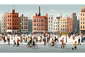 Illustrated Cityscape With People