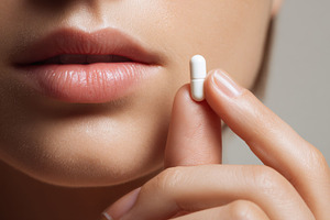 Holding a pill near the lips, a Photo by Beautiful things