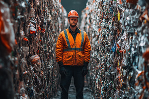 A recycling technologist worker stands between towering piles of compressed pla, a Person Photo by Textures & Backgrounds