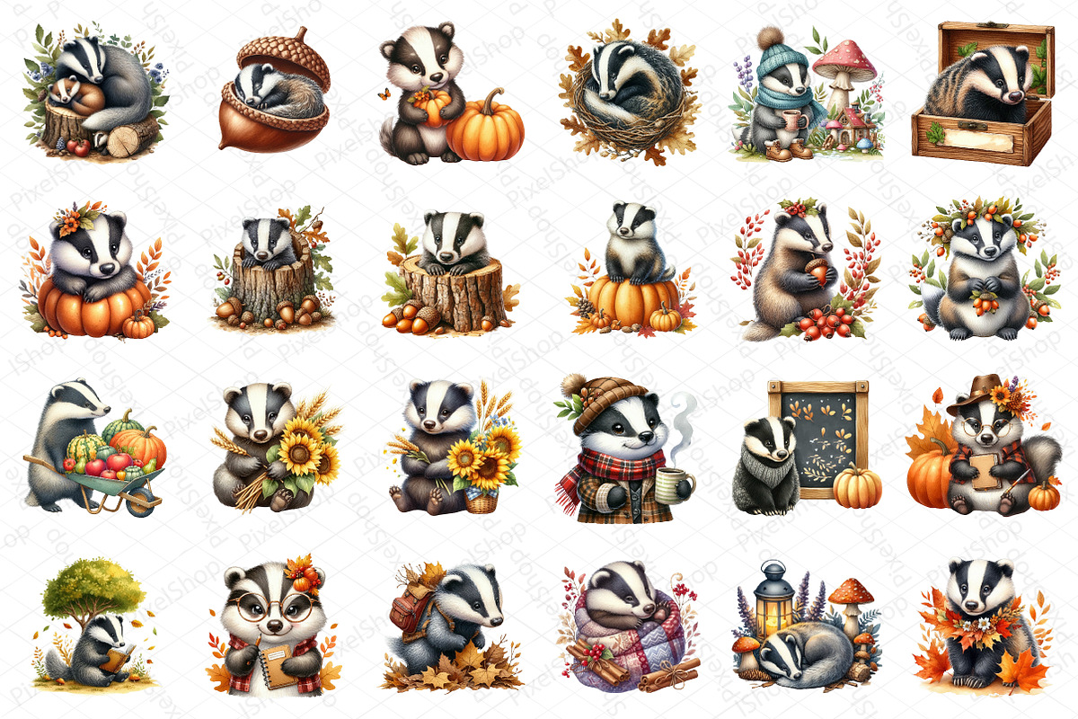 Watercolor Autumn Badger Clipart, an Illustration by DreamPrint404 (Photo 5 of 6)