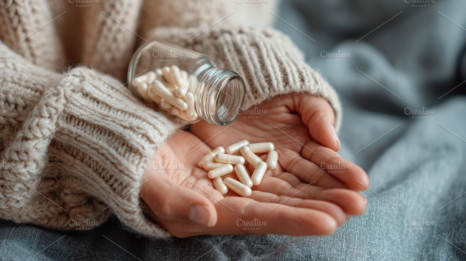Hands holding pills from a small gla, a Photo by Pixeness Studio
