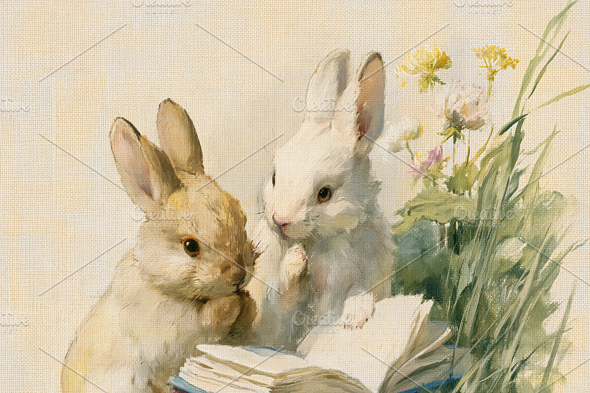 Two cute bunnies reading books in a whimsical fine art style, le, an Illustration by Studio ANNA (Photo 2 of 2)