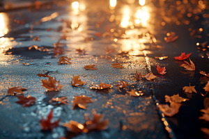 Moody Autumn Evening: Wet Pavement with Fallen Leaves Illuminated by Soft Ambie, a Nature Photo by Ocean Digital Art