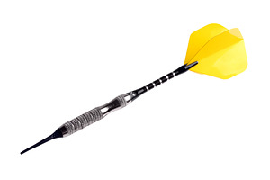 Close-up of a metal dart with a bright yellow flight, isolated o, a Sports & Recreation Photo by Ales Munt