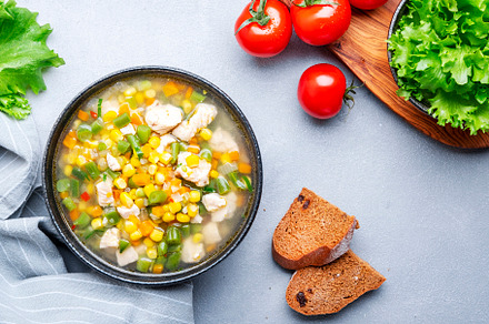 Chicken and vegetable soup with sweet corn and green beans. Comf, a Food & Drink Photo by 5PH