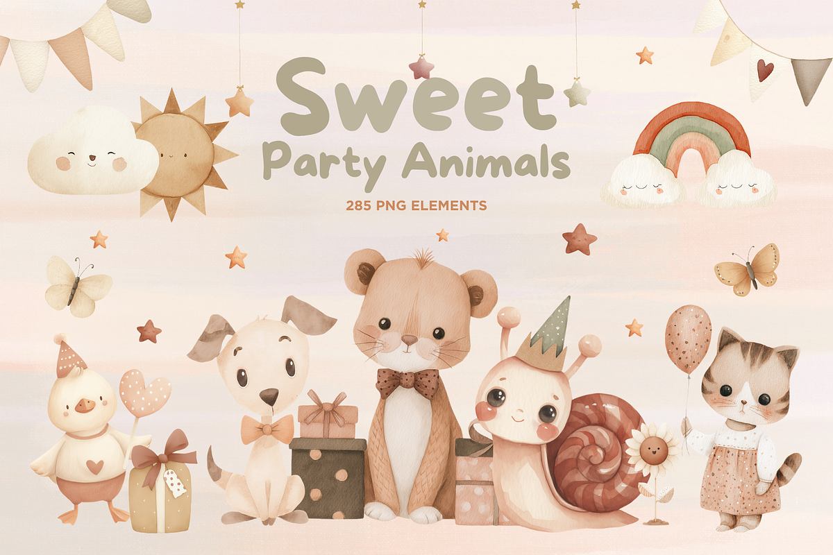 Watercolor Party Animals Clipart, an Object Graphic by JulsIst (Photo 1 of 13)