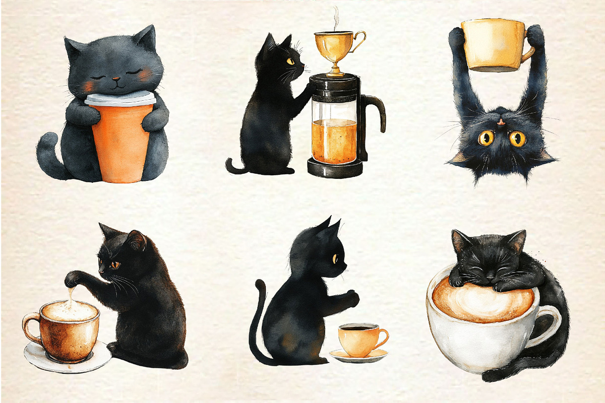 Cat Silhouette Love Coffee Clipart, an Illustration by Dream Creation (Photo 3 of 6)