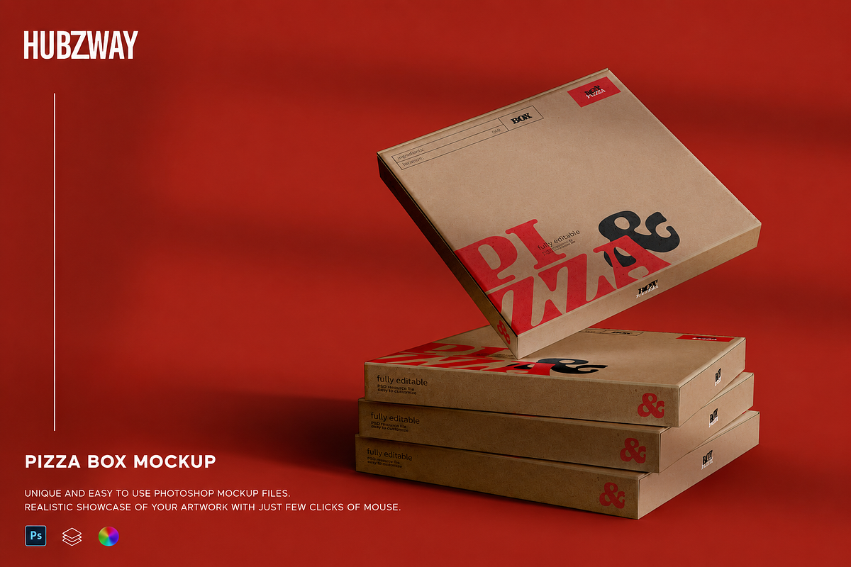 Stacked Cardboard Pizza Boxes Mockup, an Advertising Mockup by Hubzway (Photo 1 of 2)