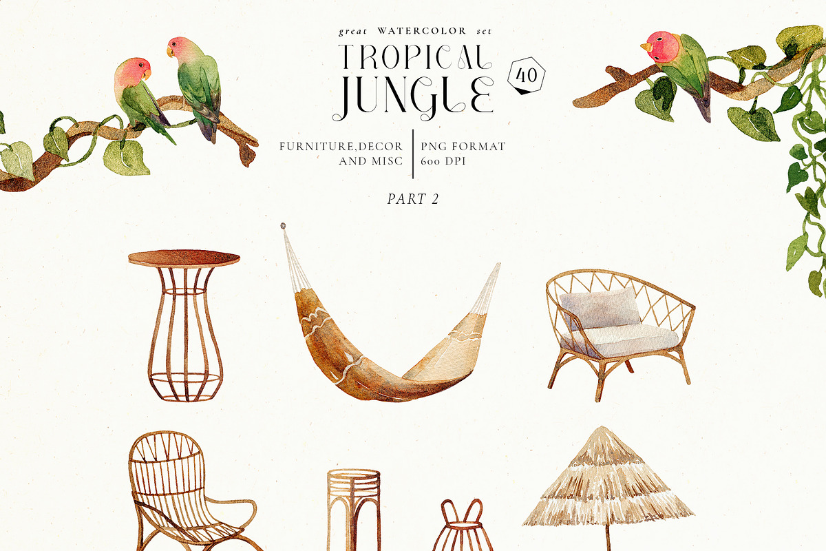 Tropical jungle - watercolor set, a Decorative Illustration by Pamyatka Shop (Photo 22 of 27)