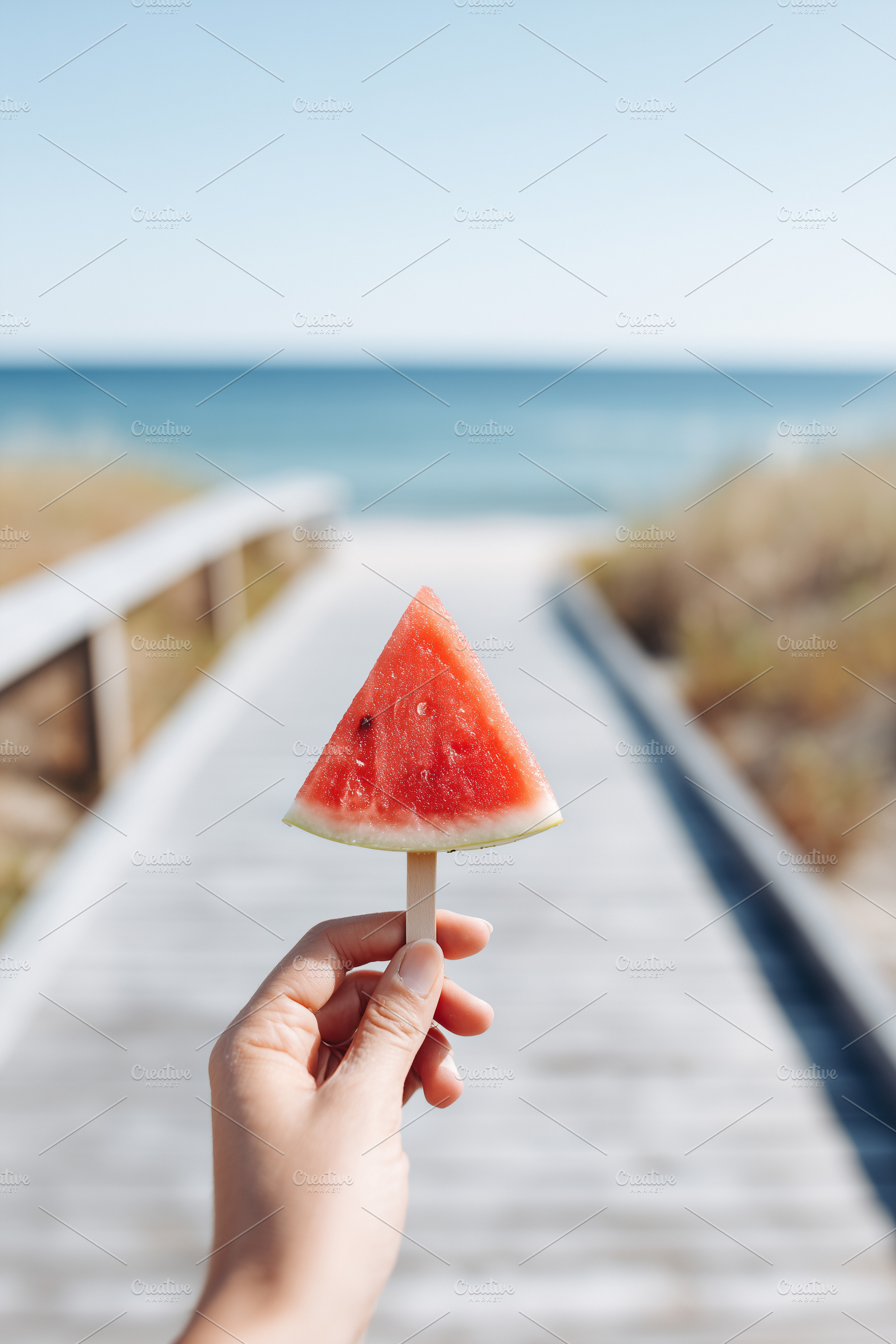 Hand holds a slice of watermelon on, a Food & Drink Photo by MistyDay