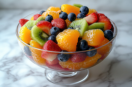 Colorful fruit salad served in a gla, a Photo by Tanuart