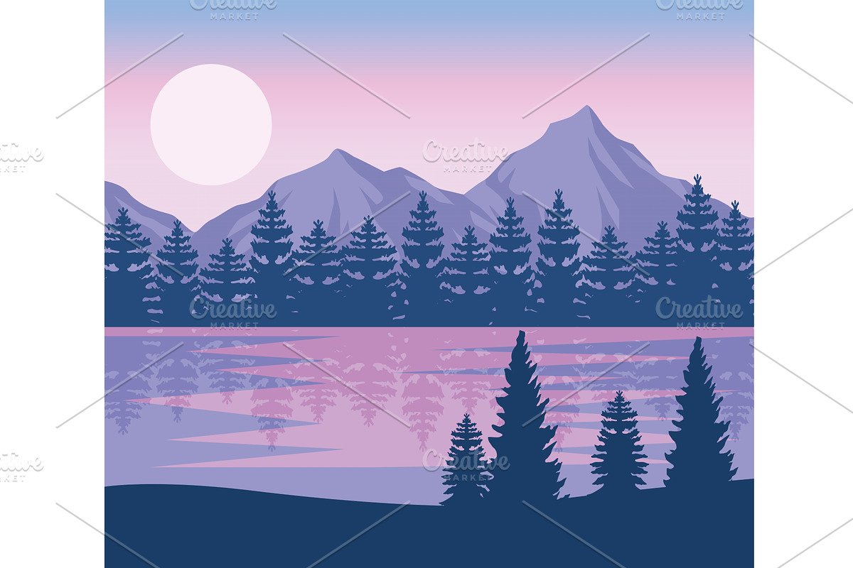 wanderlust night lake scene, an Illustration by studiogstock