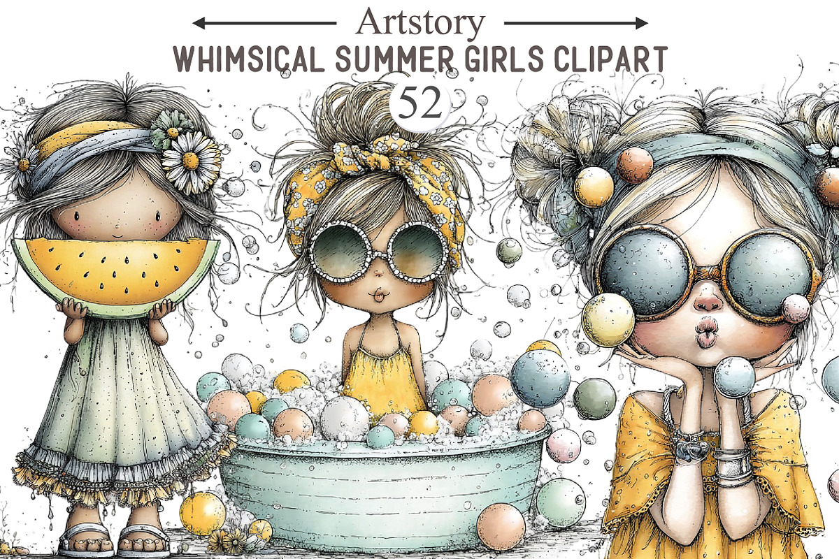Whimsical Summer Girls Clipart, an Illustration by designcity5 (Photo 1 of 5)
