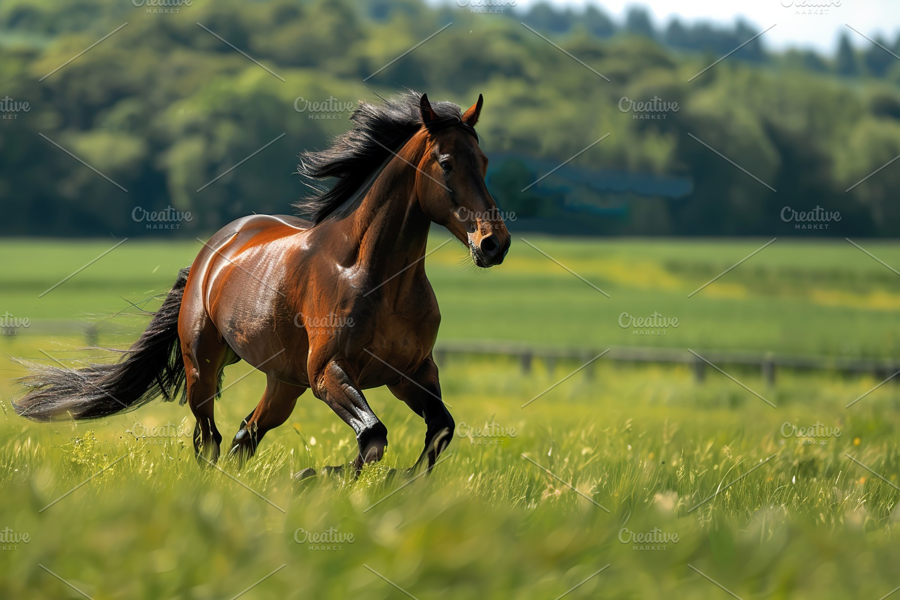 Brown horse run gallop on green field, an Animal Photo by AlyaAnd