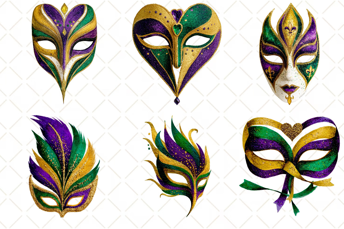 Watercolor Mardi Gras Mask Clipart, an Illustration by Black Bird Studio (Photo 2 of 6)