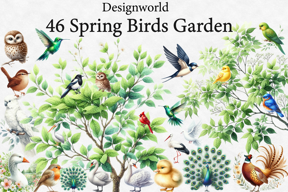 Watercolor Spring Birds Garden Clipa, an Illustration by Designworld (Photo 1 of 7)