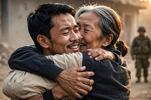 Young man released hostage crying with joy embracing his mother, a Person Photo by DanFLCreativo