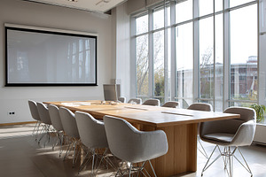 Modern conference room featuring spacious layout and contemporary furniture for, a Photo by AlyaAnd