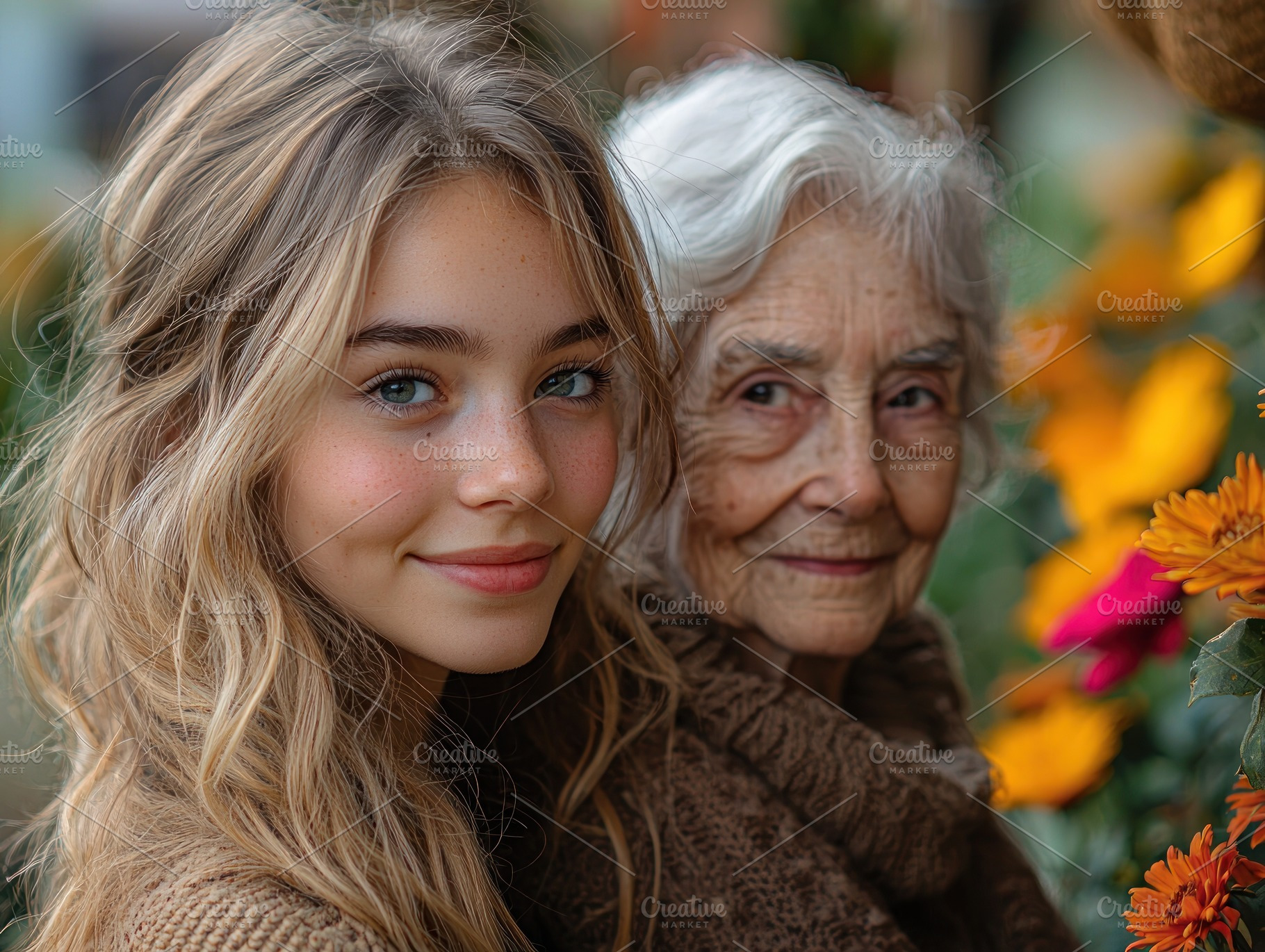 Young woman and elderly woman smiling together surrounded by col, a Nature Photo by José Manuel Gelpi
