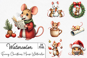 Funny Christmas Mouse Watercolor Cli, an Illustration by CrexoraLab