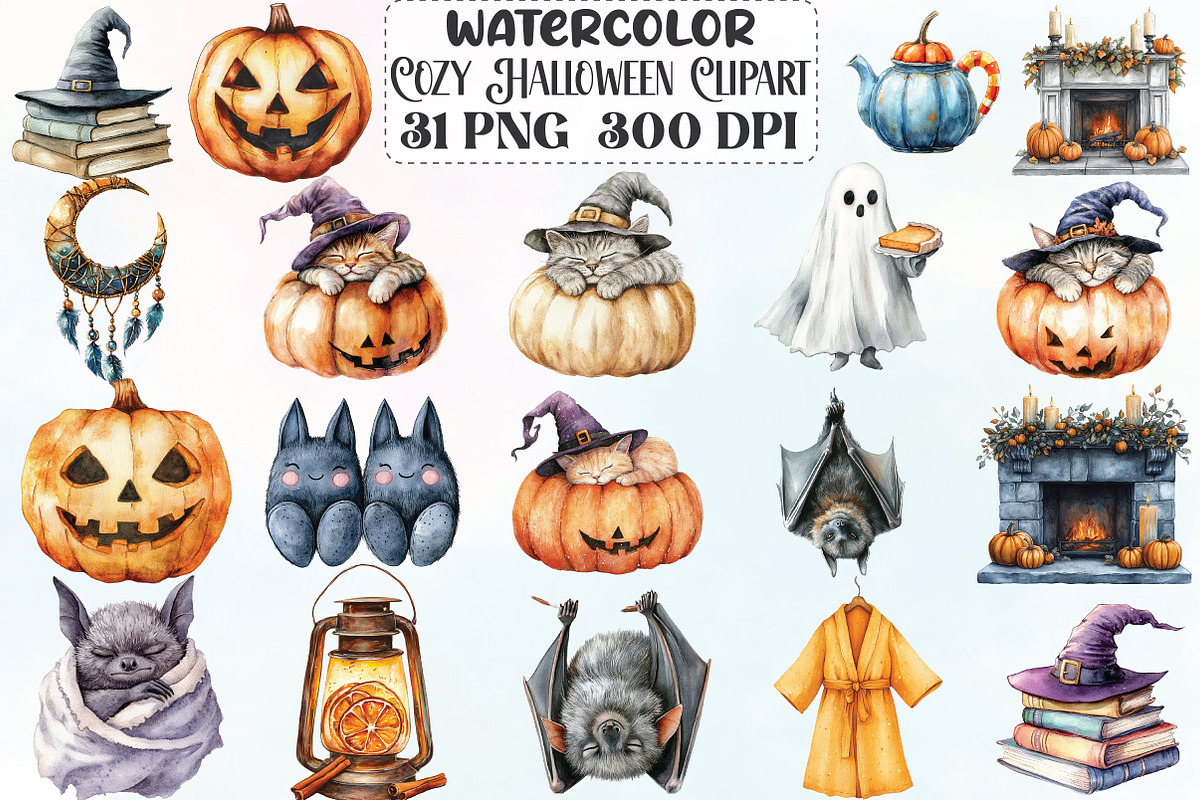 Watercolor Cozy Halloween Clipart, an Illustration by CraftArtStudio (Photo 1 of 6)