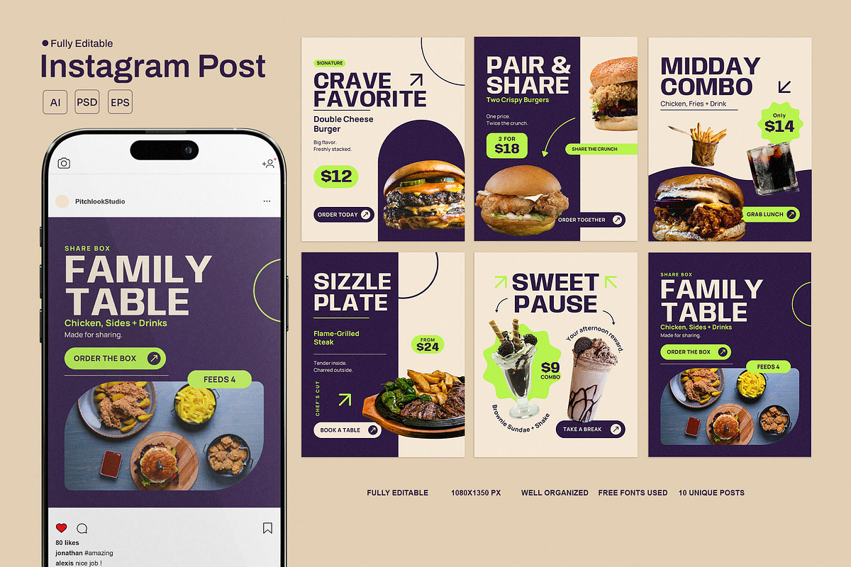 Food Promotion Instagram Post Pack, a Social Media Template by Pitchlook.Studio (Photo 1 of 3)