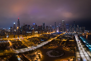 Urban Cityscape of Chicago Loop at Night in Winter. Aerial View.