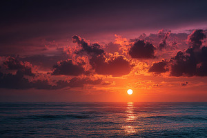 Fiery Sunset over Calm Ocean Dramati, a Photo by Pixeness Studio