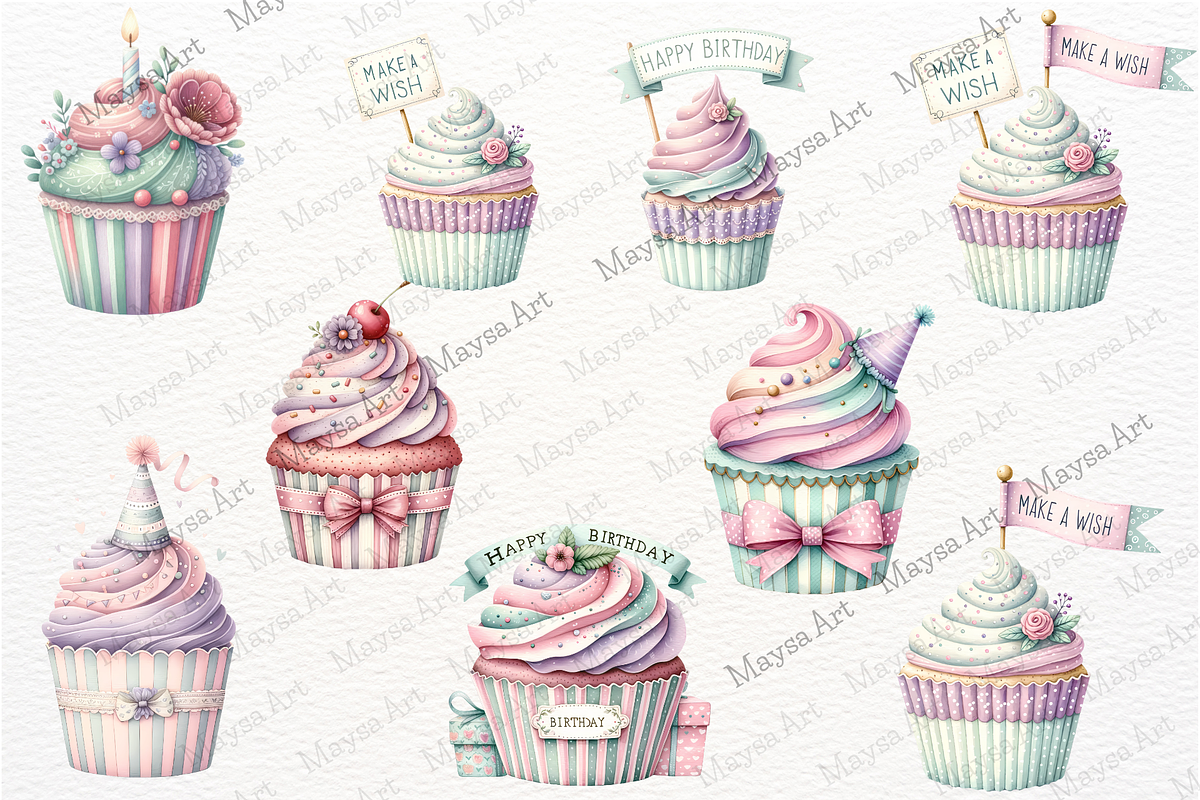 Birthday Cupcake Watercolor Clipart, a Decorative Illustration by Maysa Art (Photo 2 of 4)
