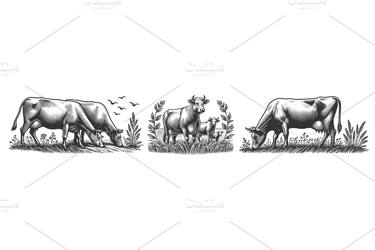 Farm Cows Grazing in Meadow set, an Animal Illustration by AlexArt