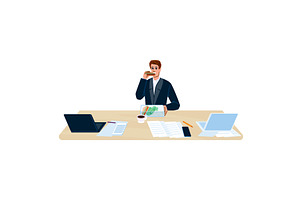 Businessman eating sandwich at, a Food Illustration by pikepicture