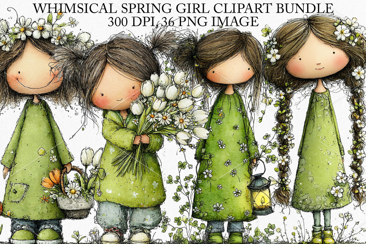 Whimsical Spring Girl Clipart Bundle, an Illustration by Canvas Craft (Photo 1 of 7)