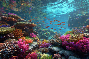Coral reef with various fish, a Photo by Pavel_design