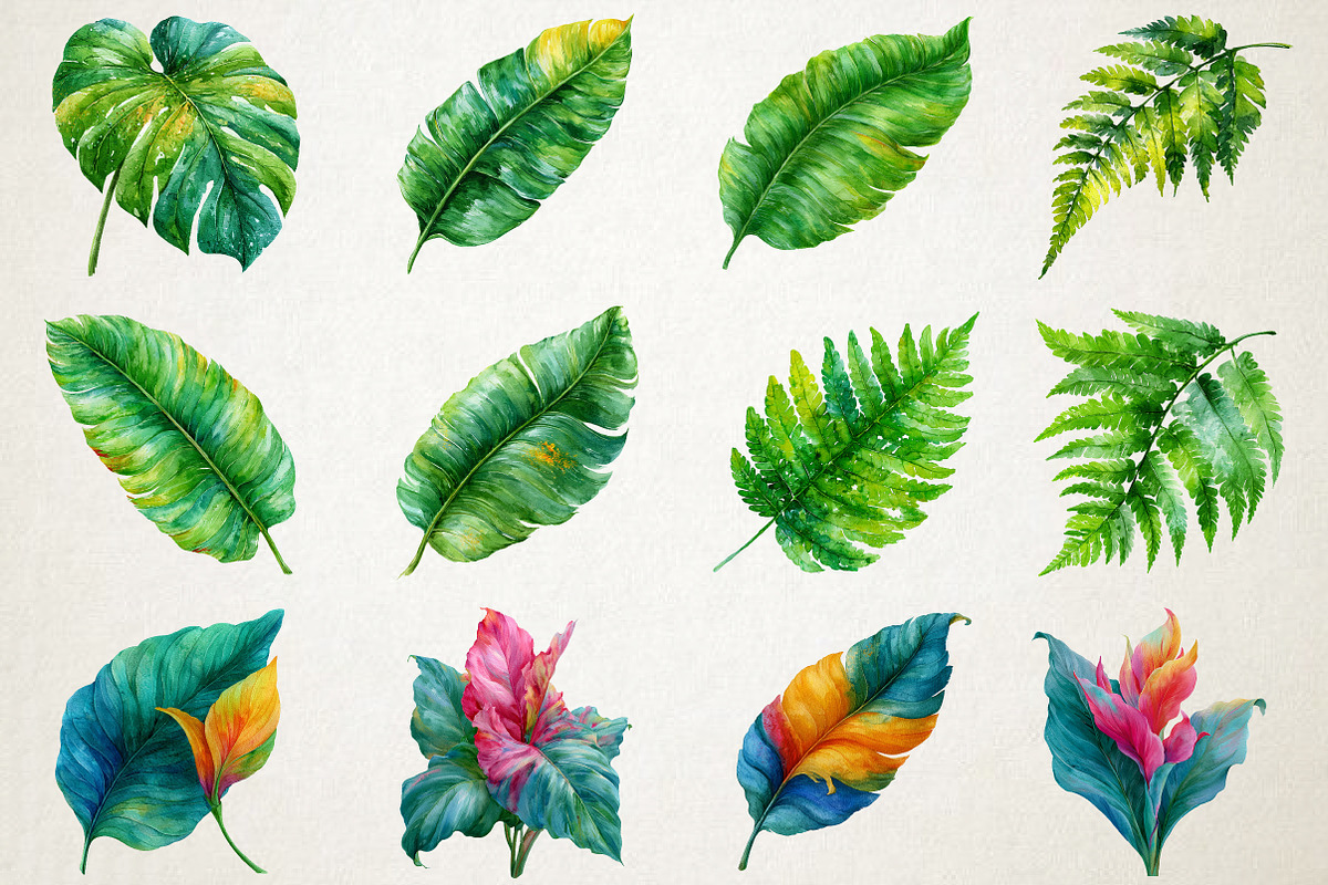 Watercolor Tropical Leaves Clipart, a Seasonal Illustration by RobertsArt (Photo 3 of 7)