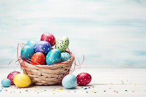 Basket with colorful easter eggs on wooden background, a Holiday Photo by AlyaAnd