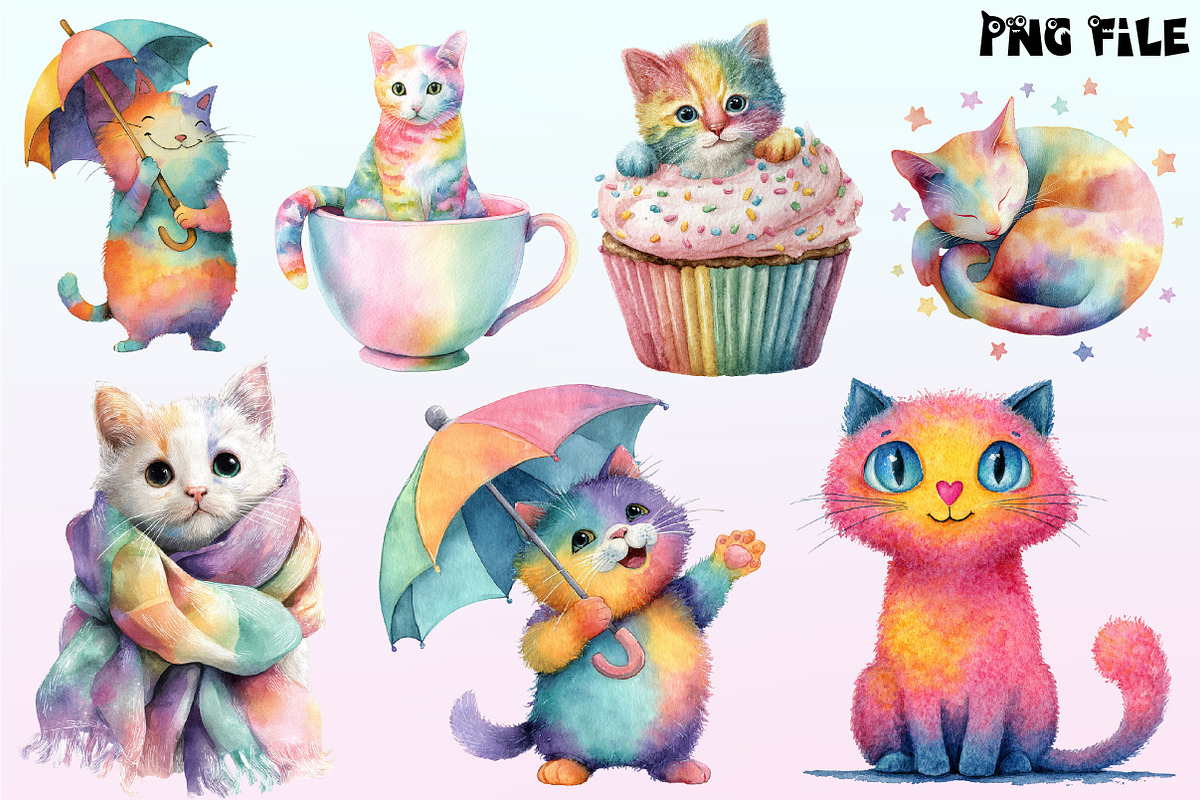 Adorable Rainbow Cute Cat Clipart, a Graphic by CitraGraphics (Photo 2 of 4)