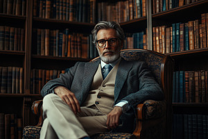 A distinguished older philosopher man with gray hair and glasses sits confident, a Person Photo by Textures & Backgrounds