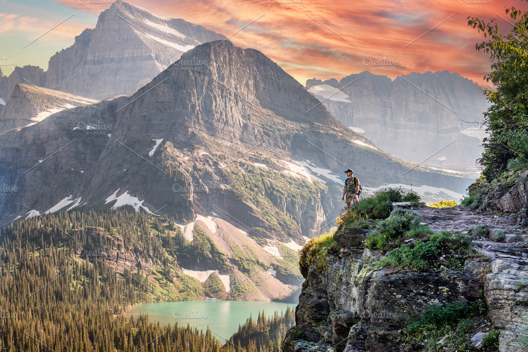 Tourist man hiking on mountain trai, a Person Photo by New York Art Store