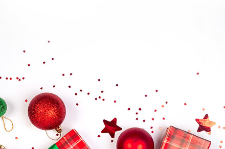 Christmas composition. Red gift boxes with green ribbon at white, a Holiday Photo by vimart