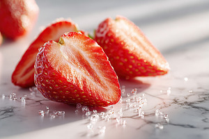 Close-up of fresh strawberry halves sprinkled with sugar on a marble surface, a Food & Drink Photo by AlyaAnd