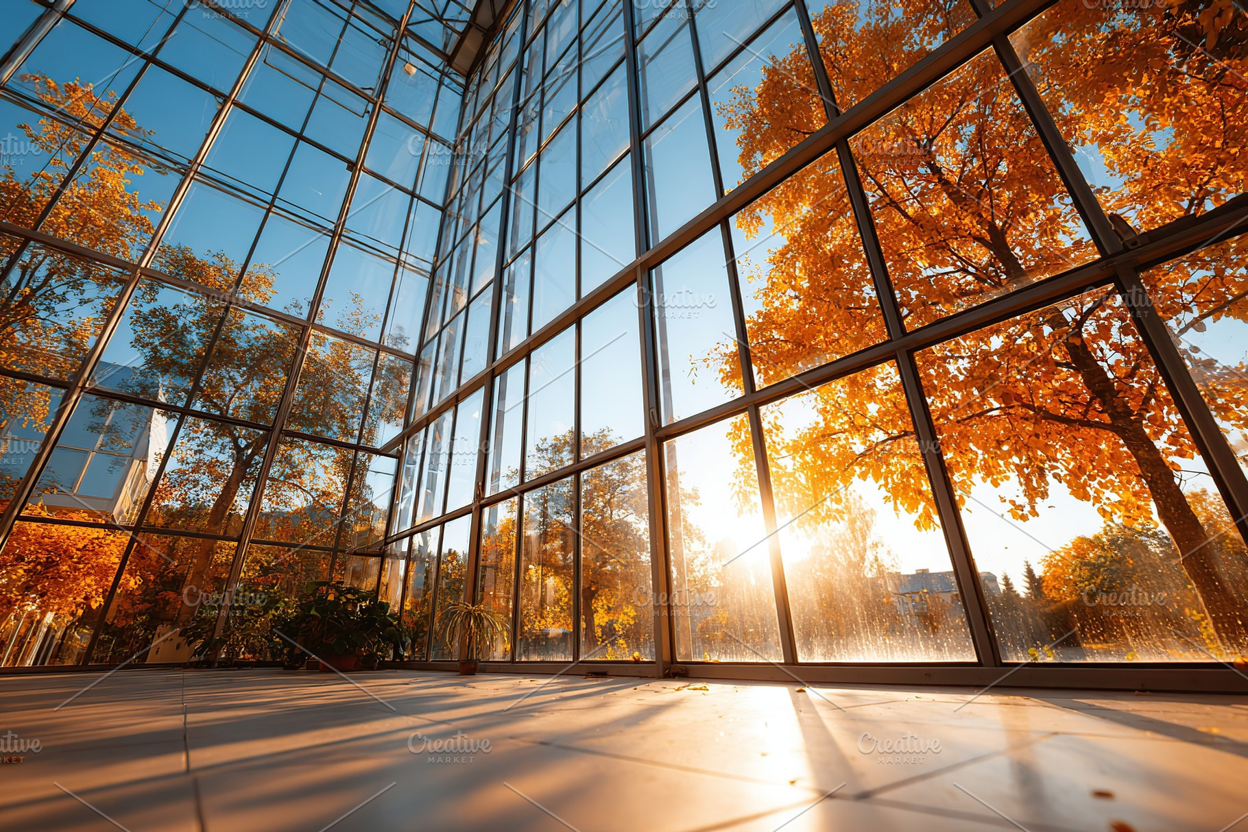 Bright glass greenhouse in autumn orchard with vibrant fall foliage and warm su, a Photo by AlyaAnd