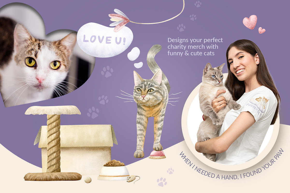 Cats Funny Toys Watercolor Clip art, an Animal Illustration by Elena Malgina Clipart (Photo 6 of 19)