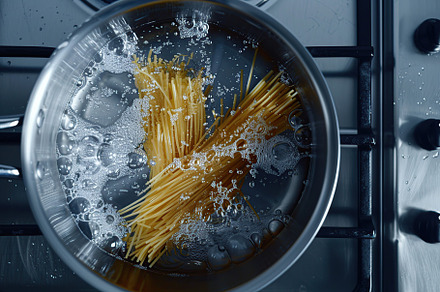Flat lay of spaghetti cooking in boiling water, a Food & Drink Photo by AlyaAnd