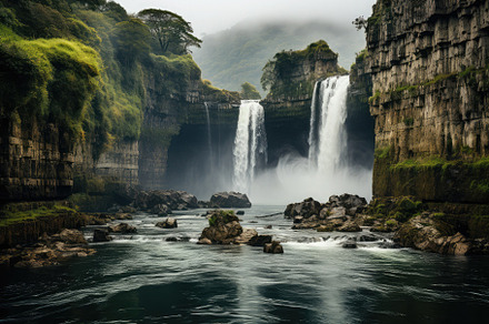 Waterfall descending from the peak o, a Photo by SaroStock