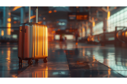 suitcase waiting in a bright airport, a Transportation Photo by Lermont51